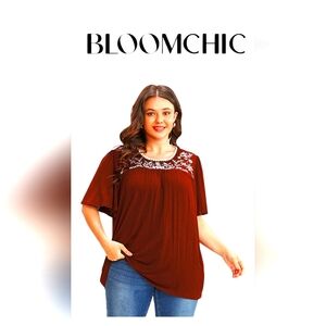 Floral Embroidered RuffleSleeve Keyhole Round Neck T-shirt